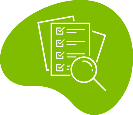 Green icon of a checklist and magnifying glass