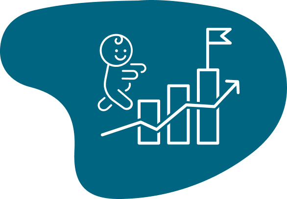 Turquoise icon of a baby climbing up a chart